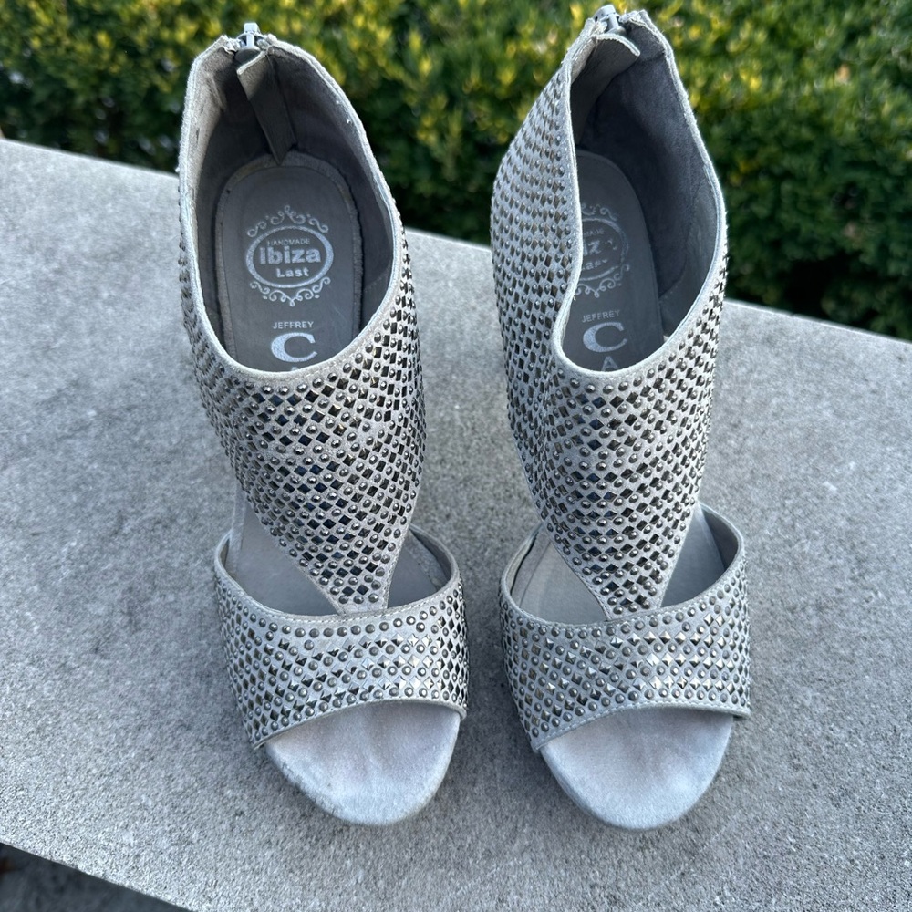 Jeffrey Campbell Silver Studded Peep Toe Heels RALLY GREY SUEDE 7.5M  7 1/2